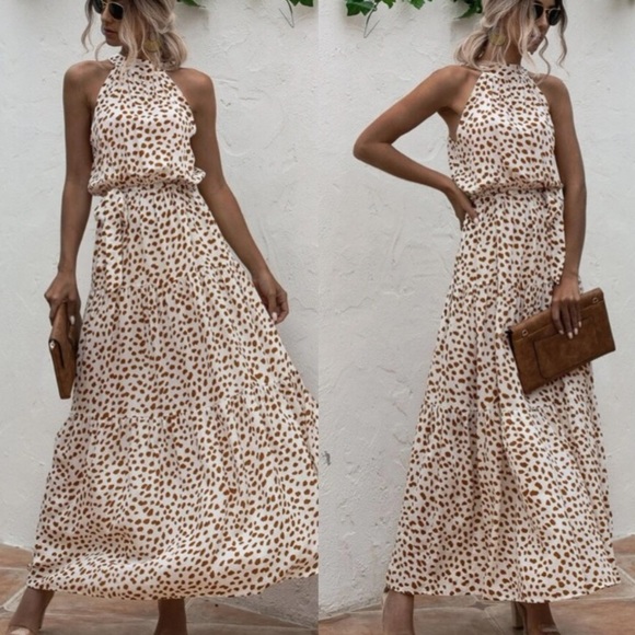 Boho cream brown dot belted halter maxi dress - Picture 5 of 8